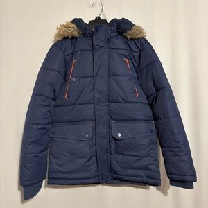 Ultimate Boys Navy Blue Puffer Parka Jacket Hooded Faux Fur Winter size 10/12